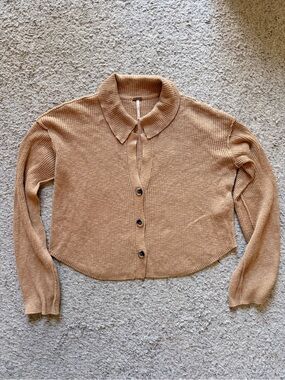 Free People Cropped Ribbed Button-Up Cardigan - Tan